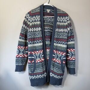 Good L.L. Bean Cotton Ragg Cardigan Women's M Blue Fair Isle Open Front Heavy